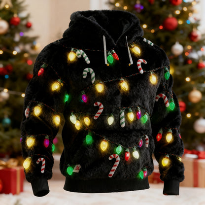 Comstylish Men's Ugly Christmas Lights Pattern Flannel Hoodie