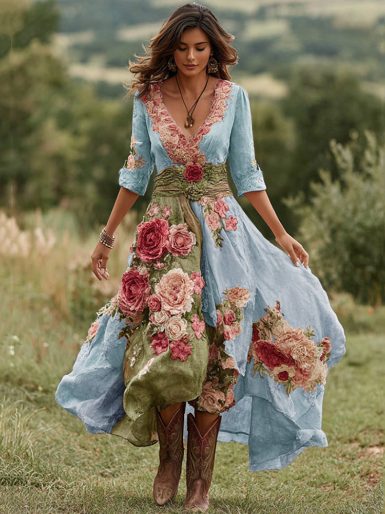 Women's Vintage Floral Art V Neck Linen Blend Maxi Dress artswardrobe