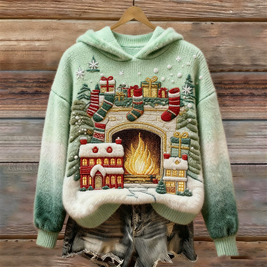 Women's Retro Christmas Tree Pattern Casual Hooded Sweatshirt