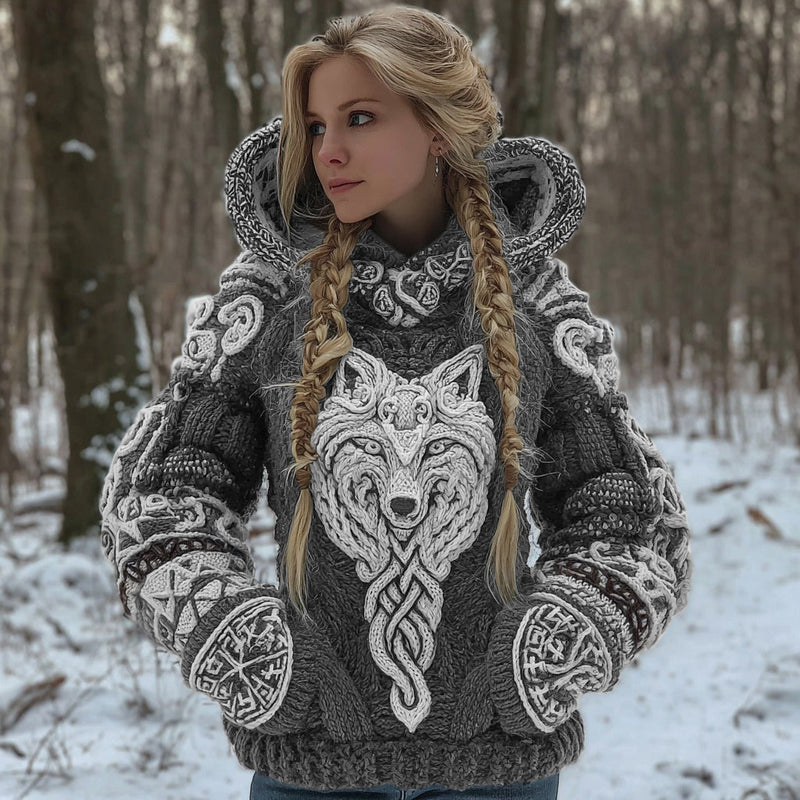 Baumwollmix-Kapuzenstrickjacke mit keltischem Wolfsmotiv