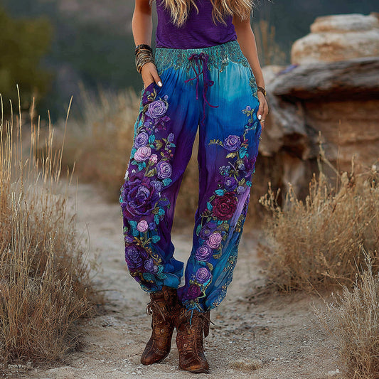 Classy Vintage Purple And Blue Lavender Patchwork And Floral Embroidered Art Gradient Linen Pants artswardrobe