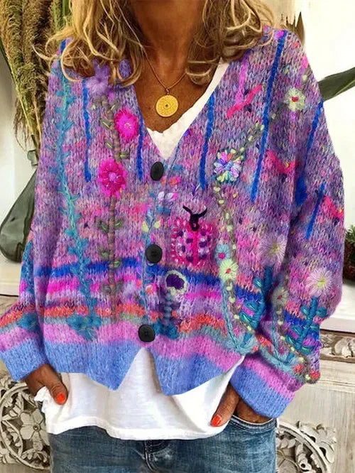 Woll-Strickjacke mit mehrfarbiger Blumen-Knopfleiste