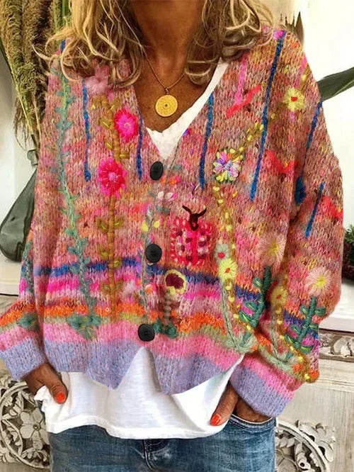Woll-Strickjacke mit mehrfarbiger Blumen-Knopfleiste