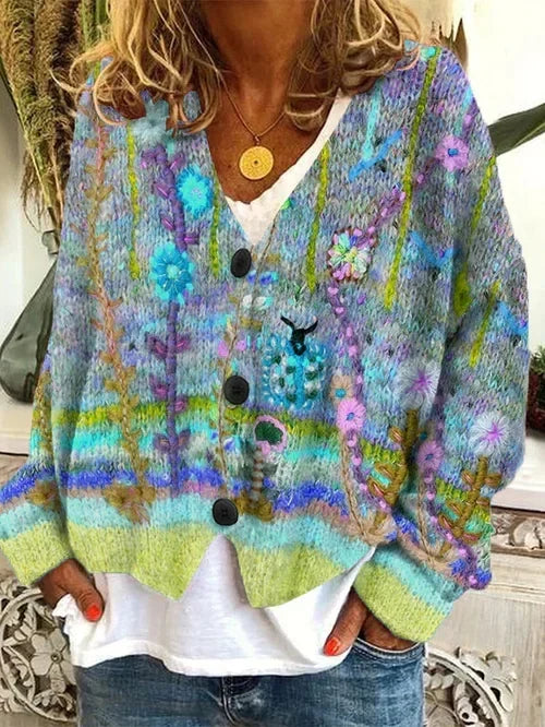 Woll-Strickjacke mit mehrfarbiger Blumen-Knopfleiste