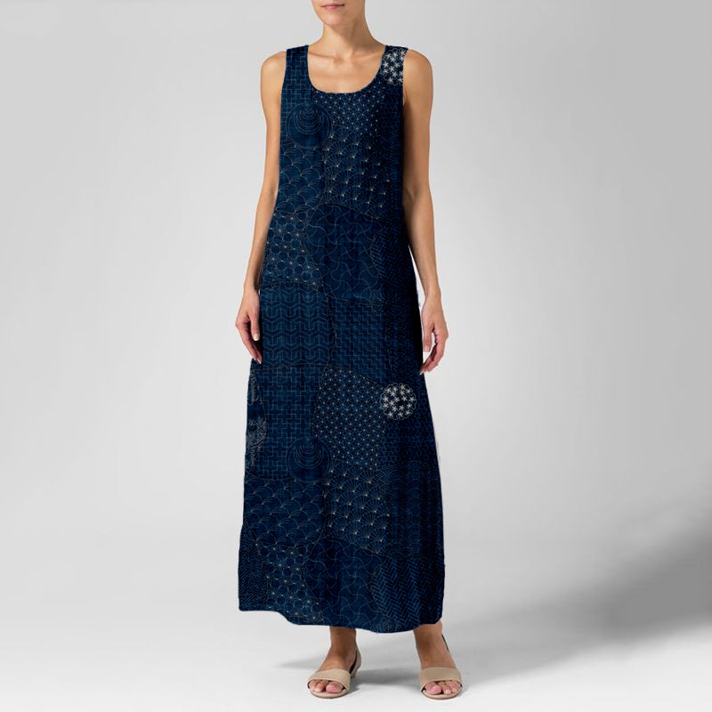 Comstylish Vintage Japanese Traditional Sashiko Art Linen Maxi Dress