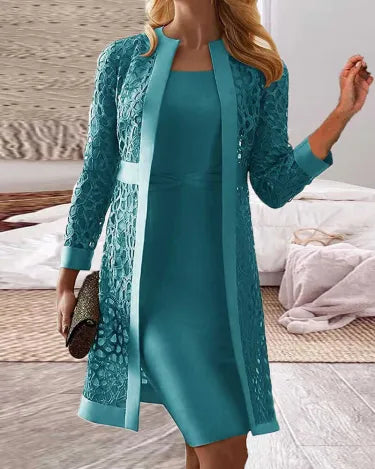 KS | Zweiteiliges Set - Kleid mit Spitzen-Strickjacke für Damen