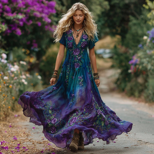 Women's Vintage Purple Roses Floral Embroidery Linen Short Sleeve Dress artswardrobe