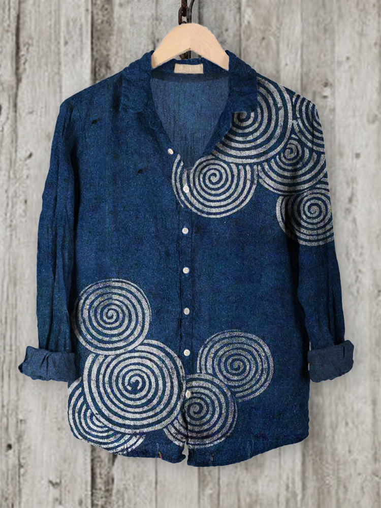 Comstylish Sea Waves Ripples Japanese Lino Art Linen Blend Blouse