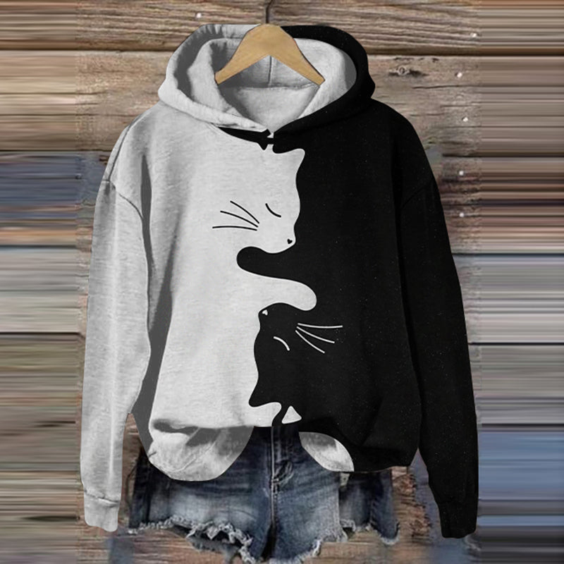 Women S Black & White Cat Art Casual Hoodie elevenforest