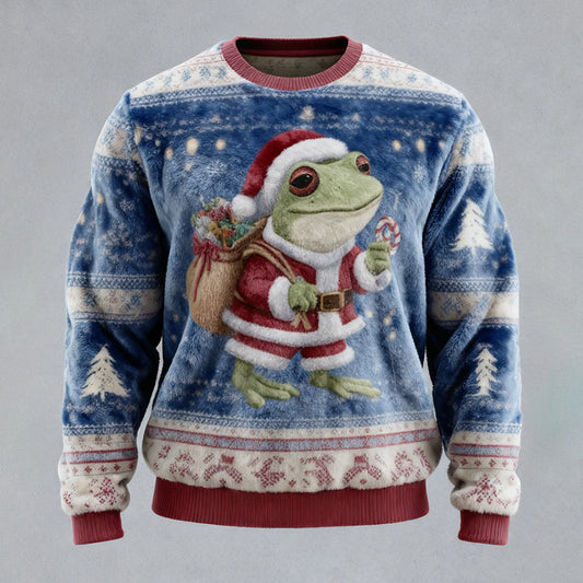 Comstylish Men's Fun Christmas Frog And Candy Cane Comfortable Crew Neck Plush Sweatshirt