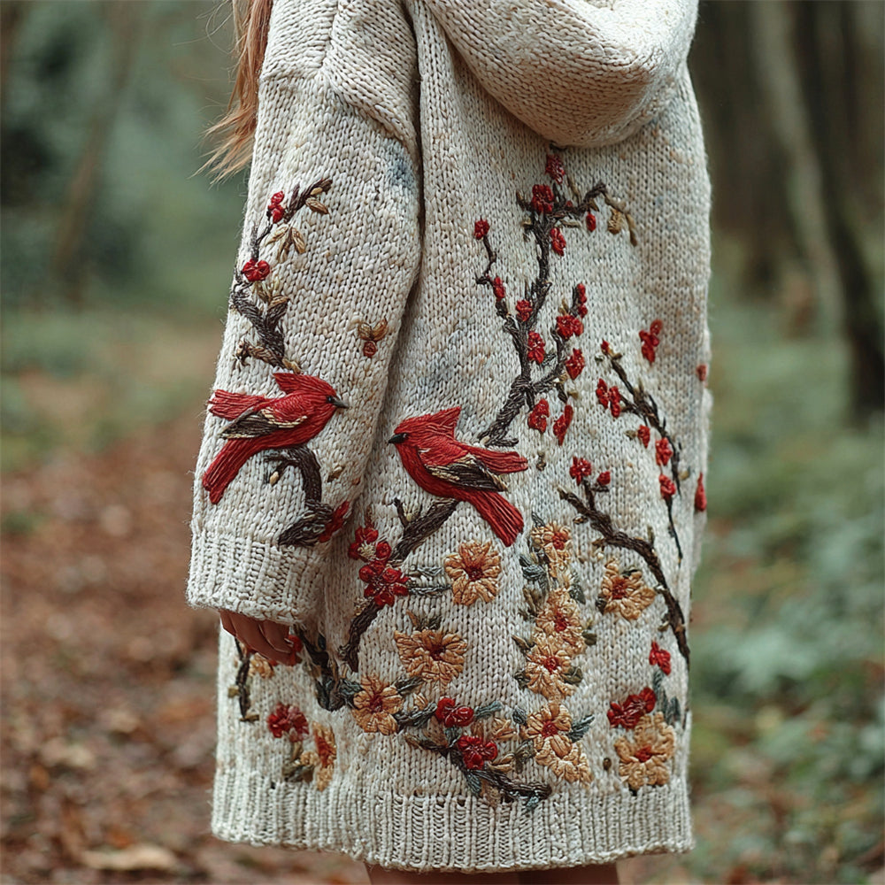 Vintage Japanese Bird & Flower Embroidery Women's Knit Hooded Cardigan artswardrobe