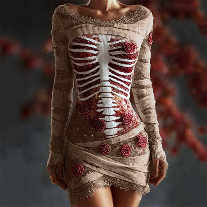 Comstylish Halloween Bloody Red Roses Rib Cage Lace Comfy Mini Dress