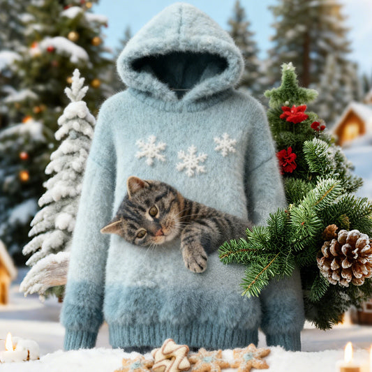 Comstylish Christmas Cat Felt Art Women's Hooded Plush Sweater