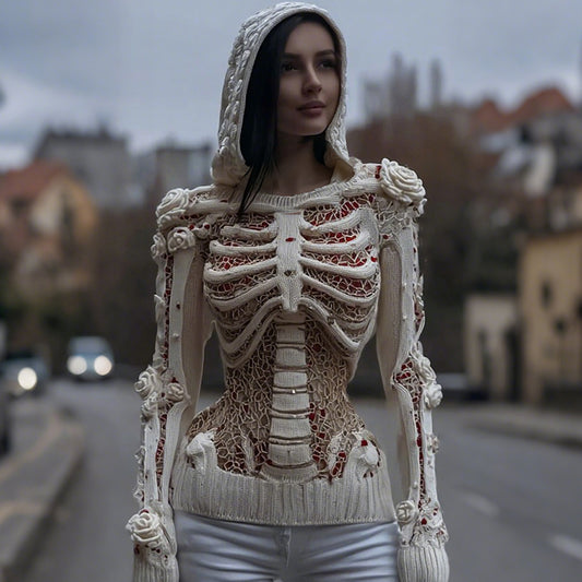 Women's Halloween Skull And White Rose Mesh Sweater artswardrobe