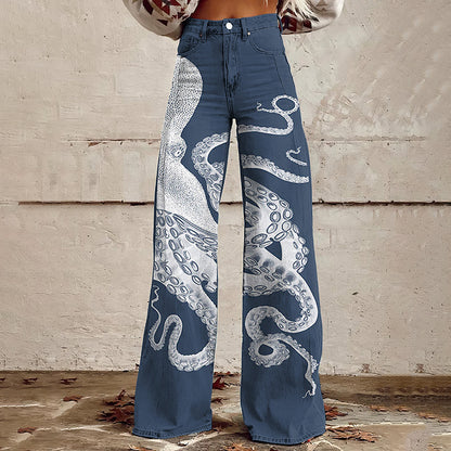 Comstylish Japanese Art Octopus Print Wide Leg Jeans