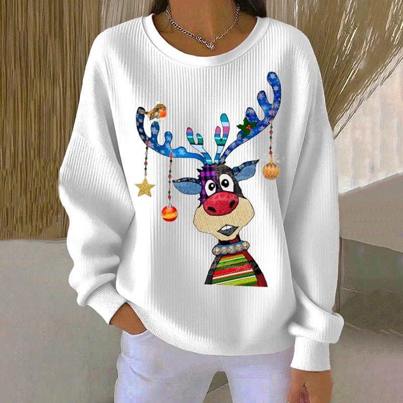 Comstylish Women's Christmas Elk Print Crew Neck Long Sleeve Sweatshirt