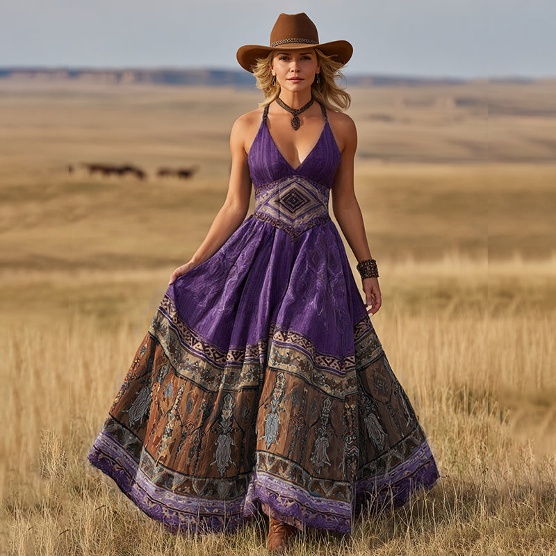 Women's Vintage Western Print Suspender Maxi Dress artswardrobe