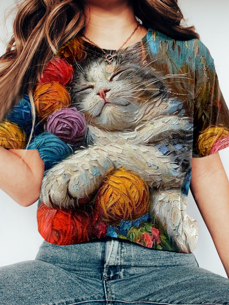 Cute Cat And Ball Of Yarn Art Cozy T Shirt elevenforest