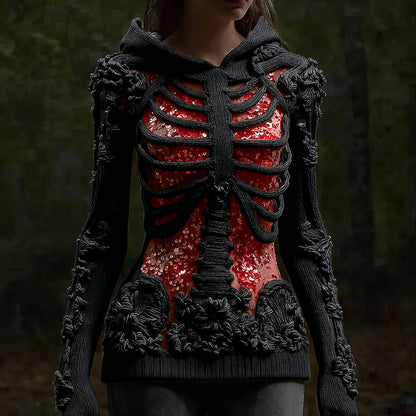 Comstylish Halloween Skull Floral Knitted Warm Hooded Sweater