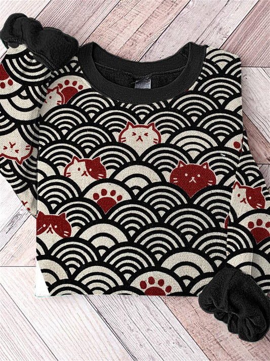 Japanese Art Wave and Cat Print Vintage Sweatshirt elevenforest