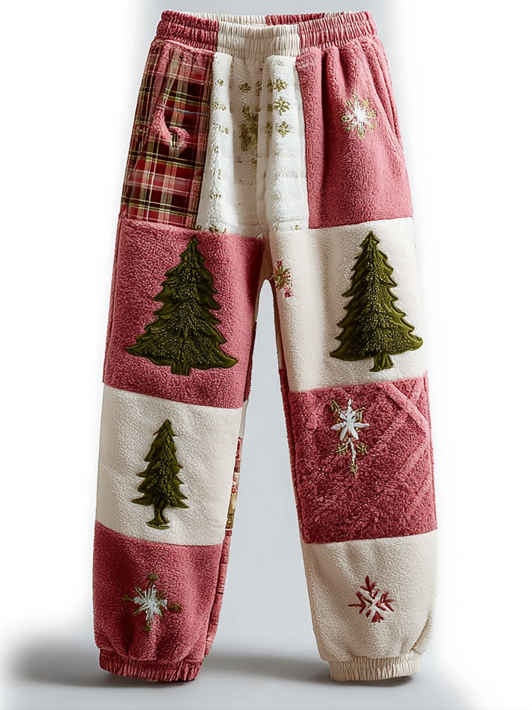 Comstylish Women's Retro Christmas Elements Patchwork Winter Warm Flannel Sweatpants