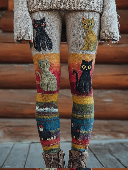 Christmas Fun Cat Knitting Tight-fitting Leggings artswardrobe