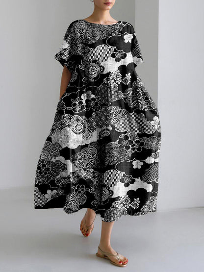 Comstylish Cherry Blossom Clouds Japanese Art Linen Blend Maxi Dress