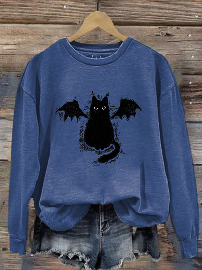 Women's Casual Demon Black Cat Print Sweatshirt elevenforest