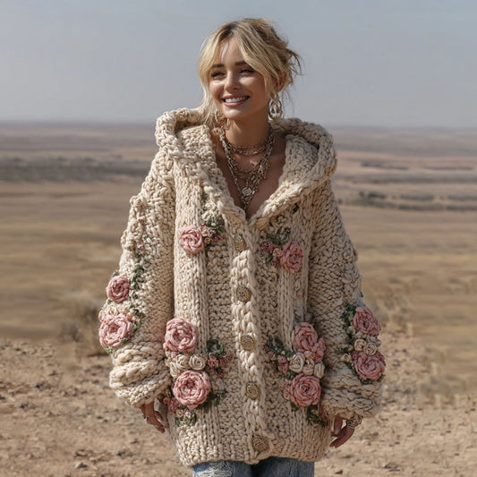 Comstylish Women's Vintage Pink Floral Art Cozy Knit Hooded Cardigan