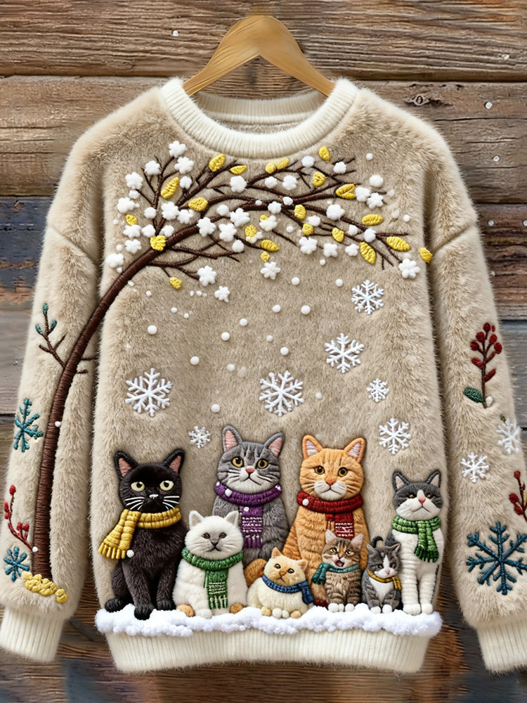 Baumwollpullover mit Katzen unter verschneitem Baum mit Schals