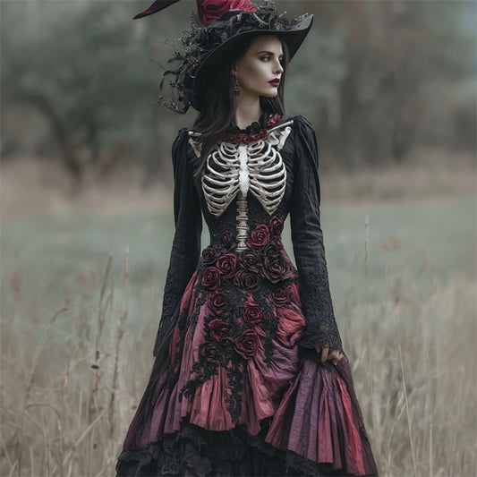 Comstylish Halloween Skeleton Scarlet Roses Lace Trim Linen Maxi Dress