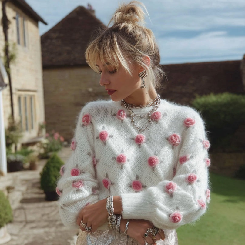 Comstylish Women's Pink Rose Embroidery Cozy Knitted Pullover Sweater