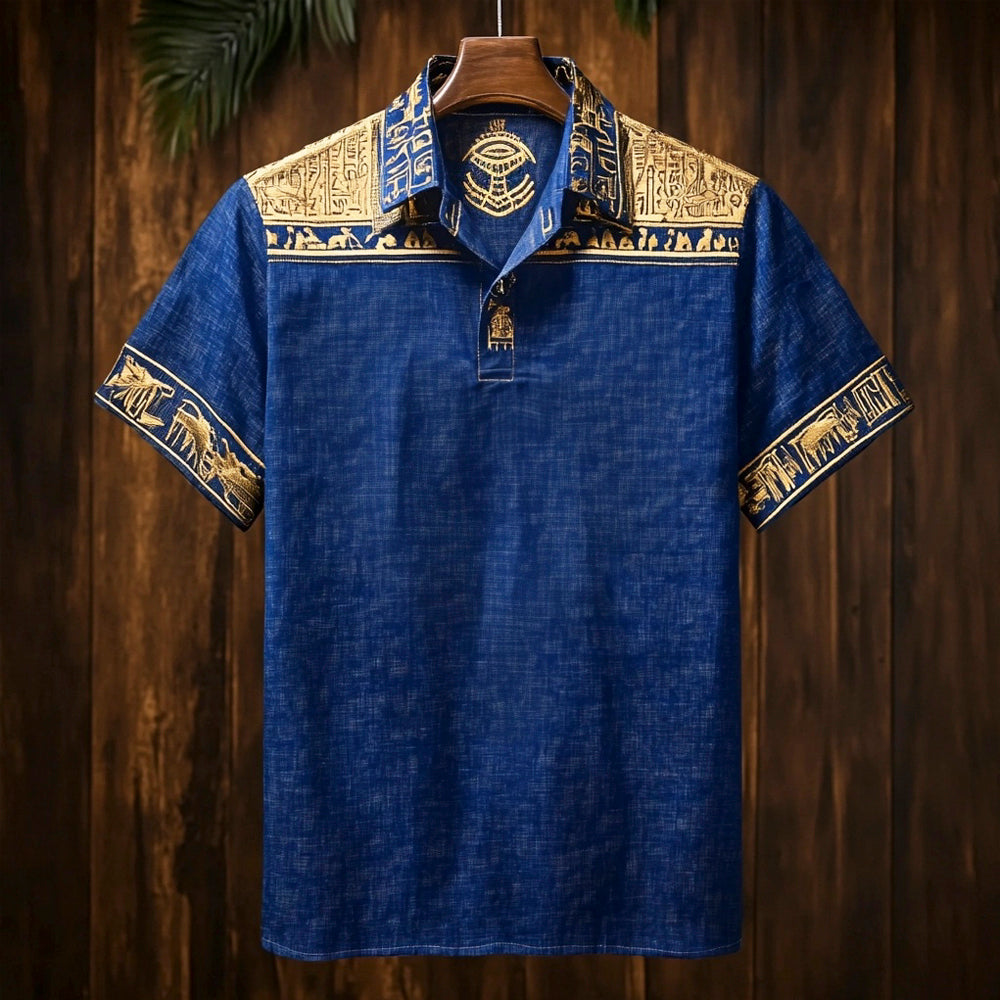 Vintage Egyptian Totem Print Men's Linen Short Sleeve Shirt artswardrobe