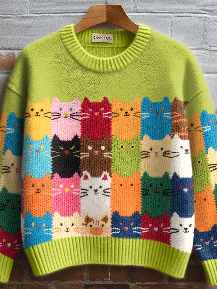 Wollpullover mit Regenbogen-Katzen-Gittermuster