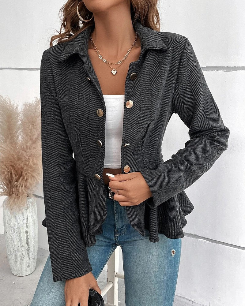 MW | Gestreifter Blazer mit Knöpfen und gerafftem Saum, eleganter Slim Fit