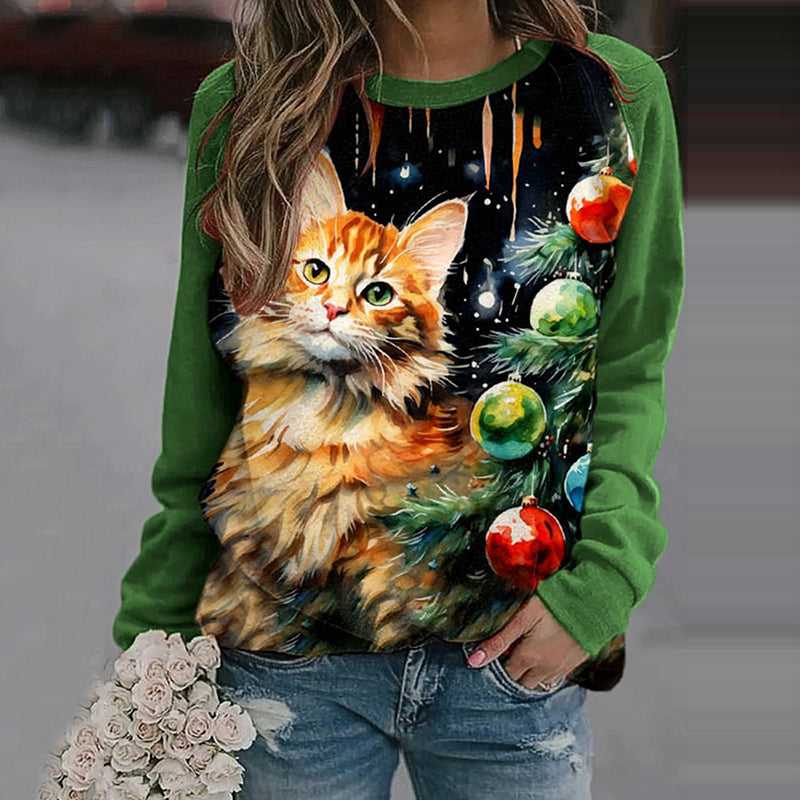 Christmas Cat Print Crew Neck Sweatshirt elevenforest