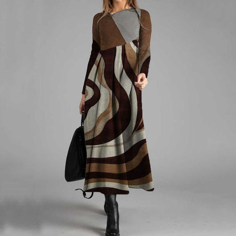 Elegant Pleated Patchwork Contrasting Color Round Neck Midi Dress elevenforest