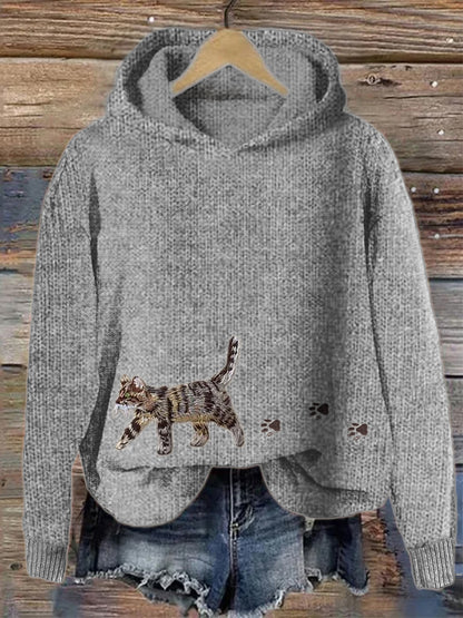 Comstylish Cat & Paw Prints Embroidered Cozy Knit Hooded Sweater