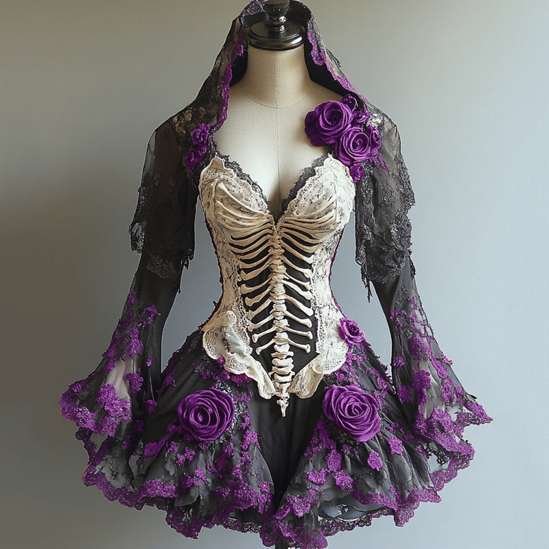 Comstylish Halloween Themed Contrasting Body Art Embroidered Witch Dress