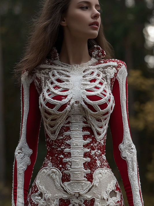 Comstylish Women's Halloween Skeleton Floral Embroidered Dress