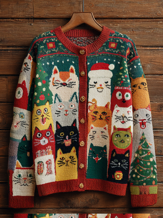 Christmas Fun Cat Lady Round Neck Knitted Sweater Coat elevenforest
