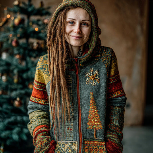 Vintage Christmas Tree Art Women's Knit Hooded Zipper Sweater artswardrobe