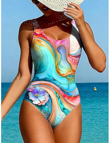 Swimwear One Piece High Cut Swimsuit Beach Wear Summer Graphic Geometic U Neck Sleeveless Bathing Suits