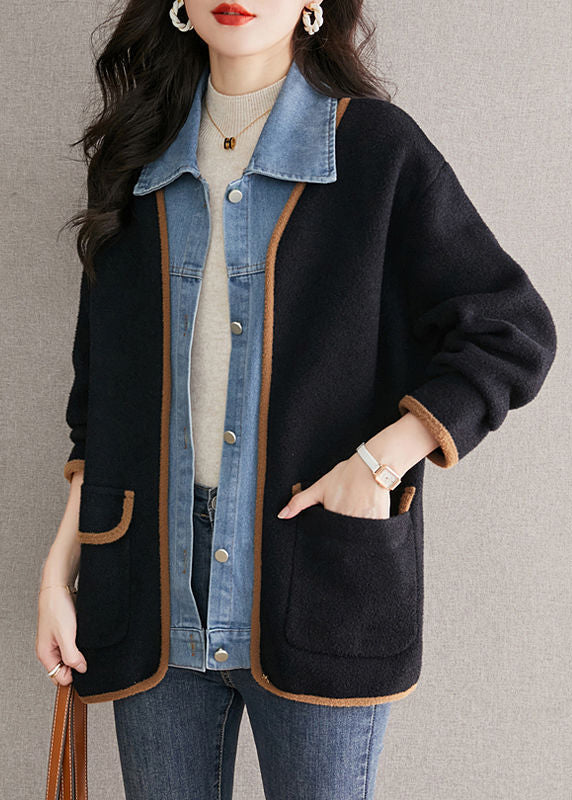 Einzigartiger schwarzer Wollmantel mit Peter-Pan-Kragen, Jeans-Patchwork, im Zweiteiler-Look, Herbst