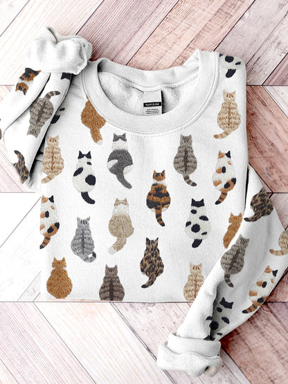 Cute Cats Embroidery Pattern Casual Cozy Sweatshirt elevenforest