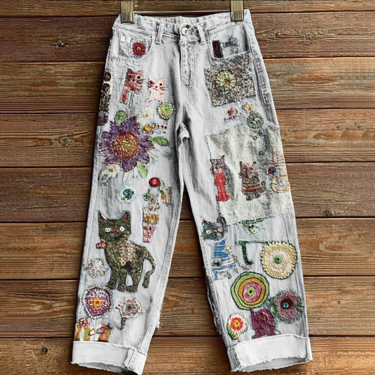 Women's Bohemian-style Floral Cat-print Jeans elevenforest