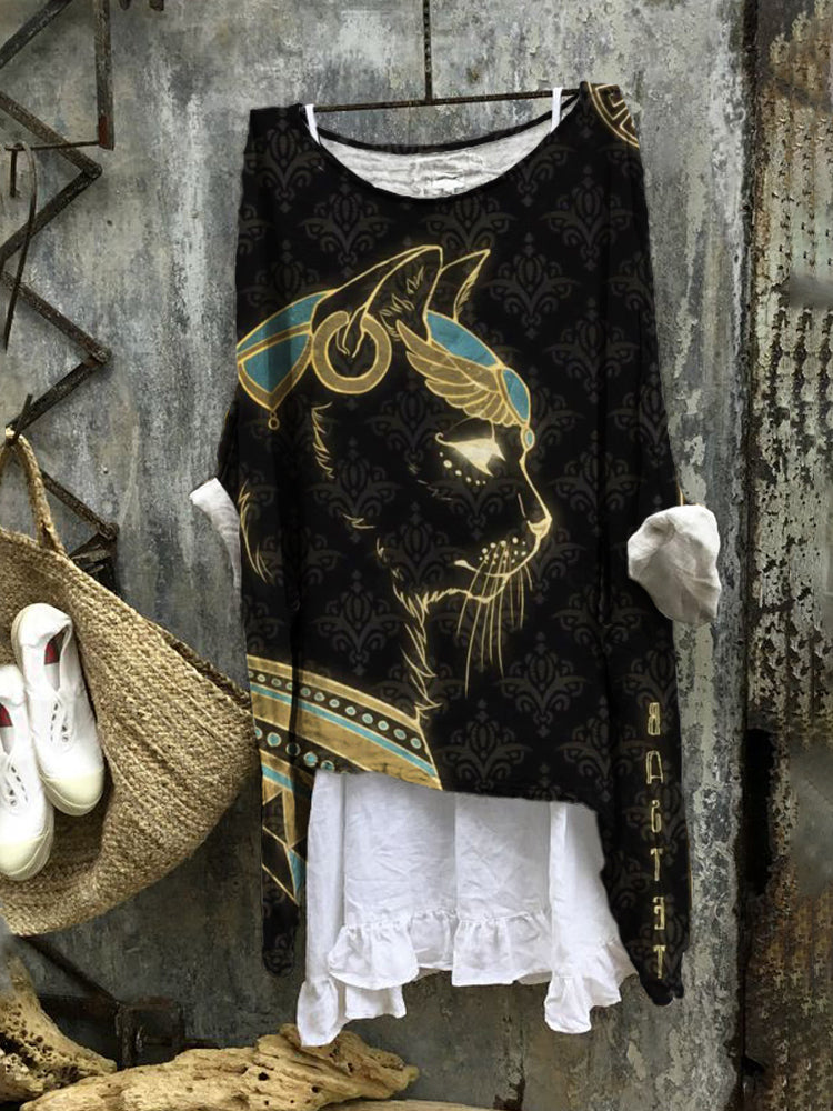 Vintage Egyptian Cat Print Women's Casual Linen Long Shirt artswardrobe