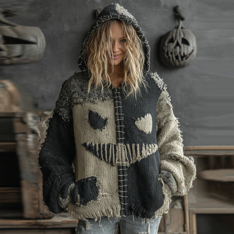 Halloween Pumpkin Face Patchwork Knitted Hooded Sweater artswardrobe