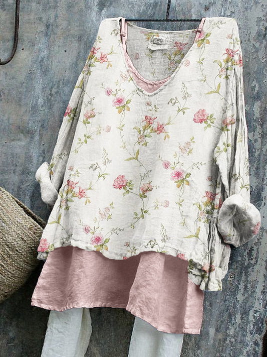 Vintage Cottagecore Pink Floral Linen Tunic artswardrobe