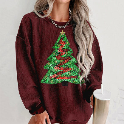 Comstylish Sequin Christmas Tree Print Crew Neck Sweatshirt